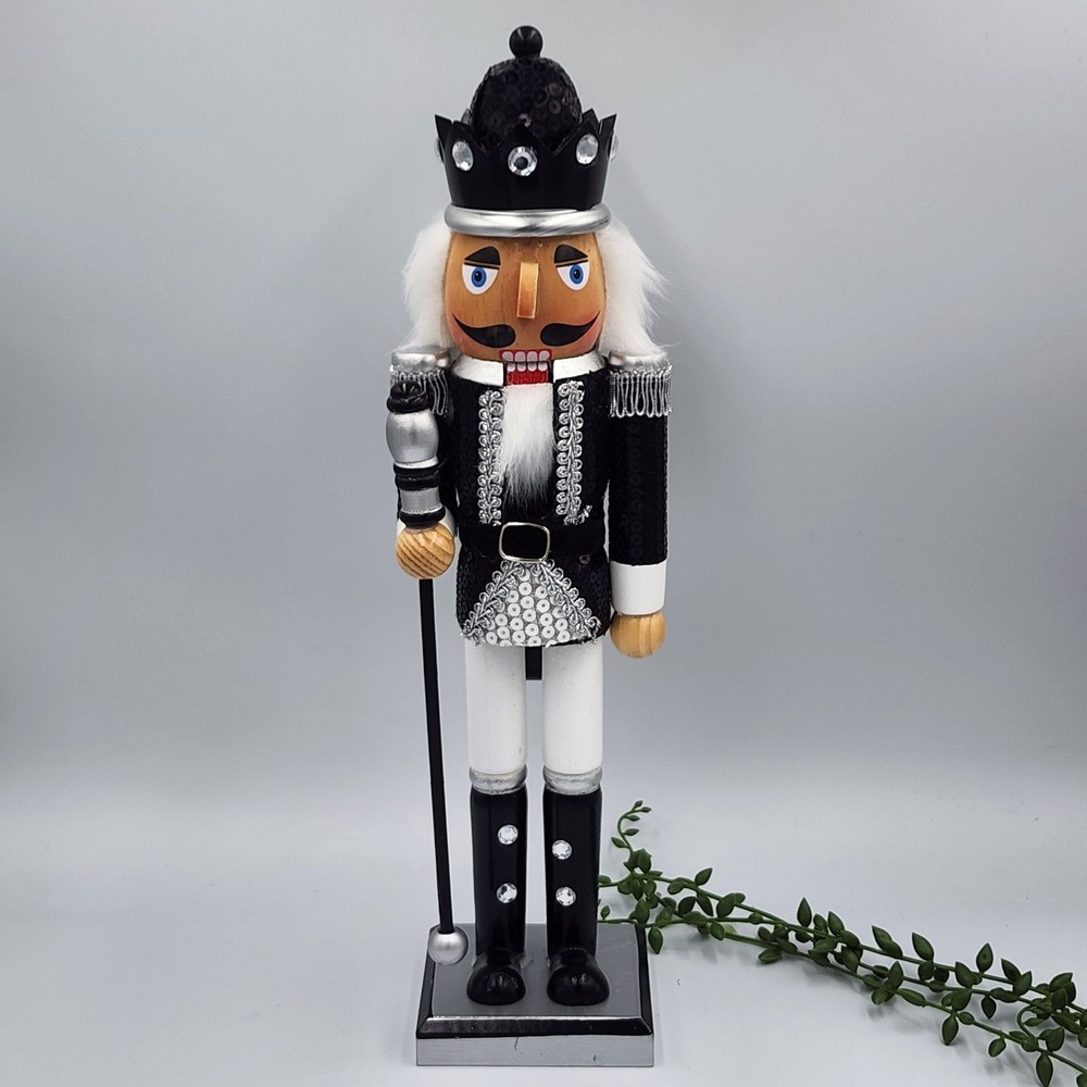Black Silver King Guard Nutcracker Christmas Sequin Crown Wooden 15" Holiday